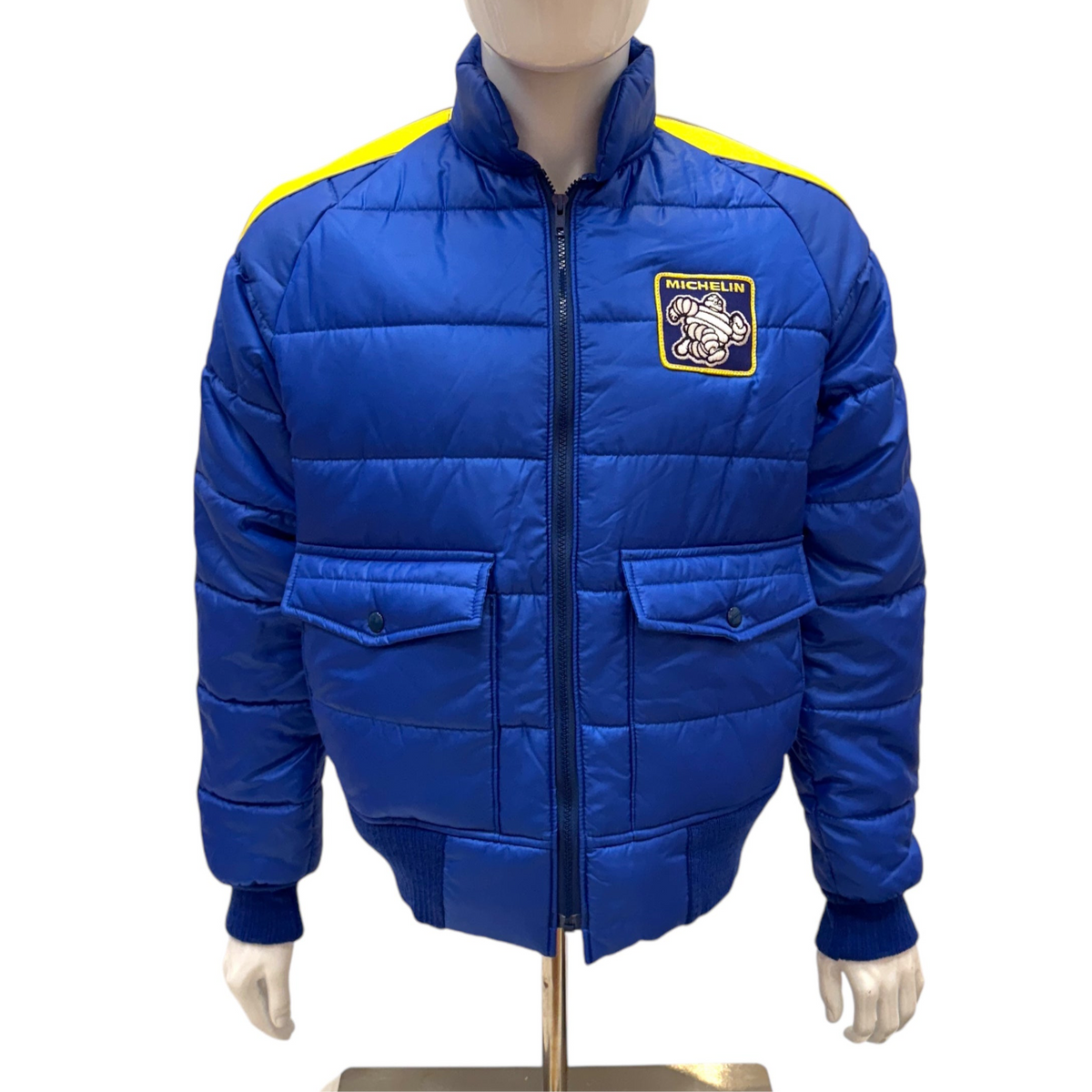 70'MICHELIN Swingster RACING JACKETミシュラン Vintage Michelin Man Puffer Jacket Mens Sm Blue Swingster Racing