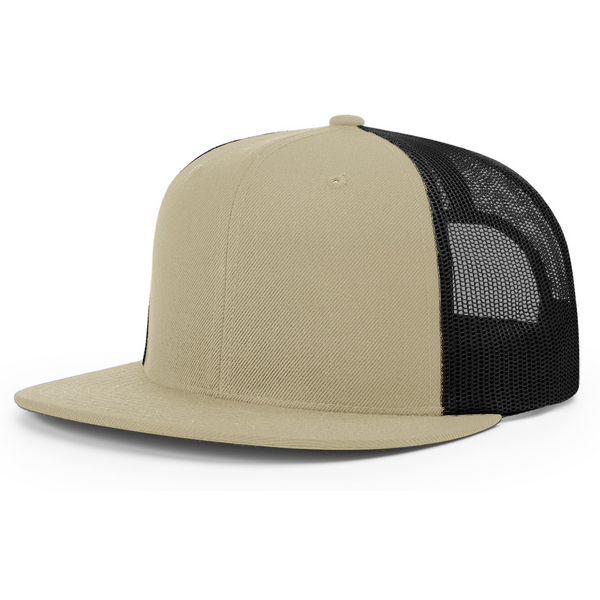 Beige and black trucker cap on a white background
