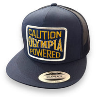 CAUTION OLYMPIA POWERED Vintage Patch + Yupoong 6006 Snapback