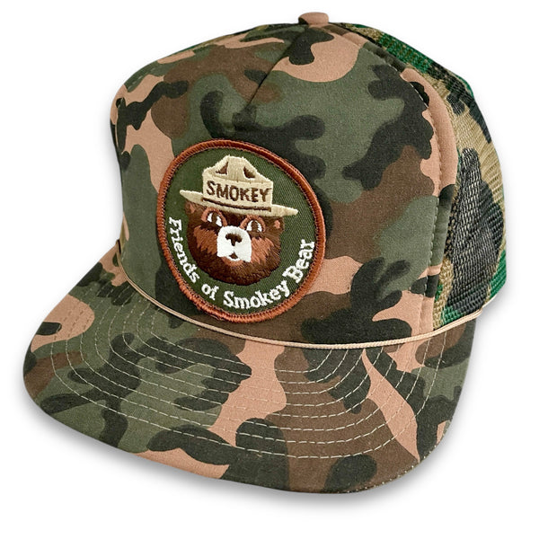 Smokey Bear Vintage Patch + NOS Designer Award Headwear Foam/Camo Trucker Snapback